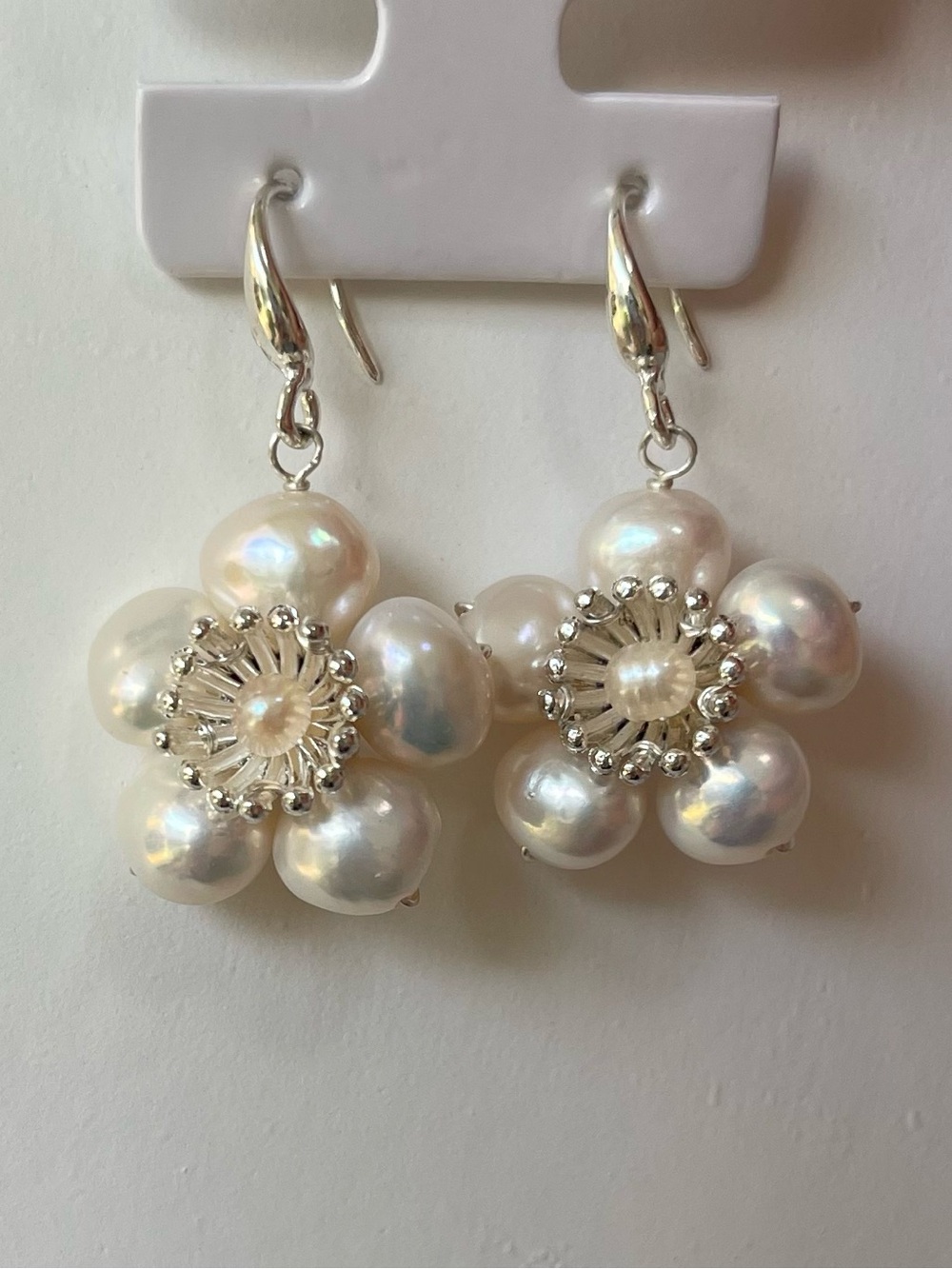 Freshwater Pearl Flower Drop Earrings - White Pearlescent Floral Design 34